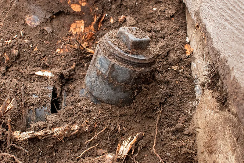 Excavated main drain cleanout fitting in loose soil and tree roots beside a foundation wall