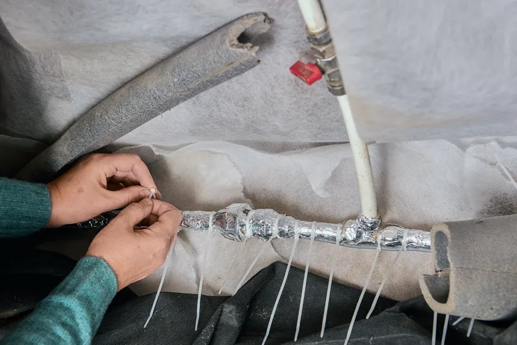 Hands securing heat cable and foil tape along a water pipe before the foam insulation goes on