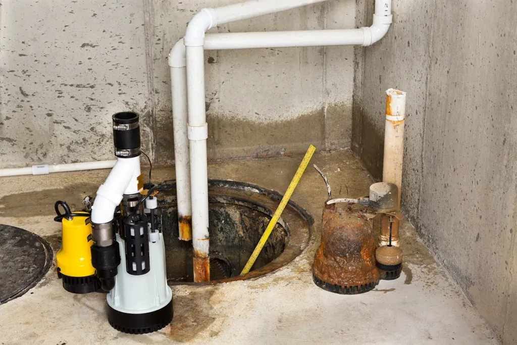 New sump pump beside a basement sump pit with the old rusted pump set aside