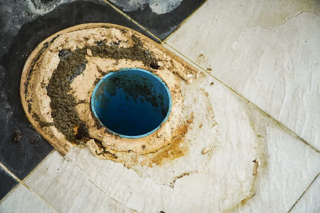 Toilet removed from a tiled floor, showing the drain opening and old wax and grout around the flange