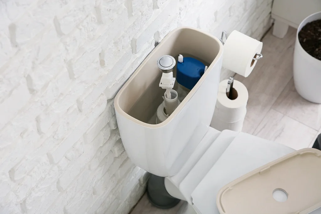 Toilet tank with the lid off, showing the blue fill valve and the push-button flush valve inside