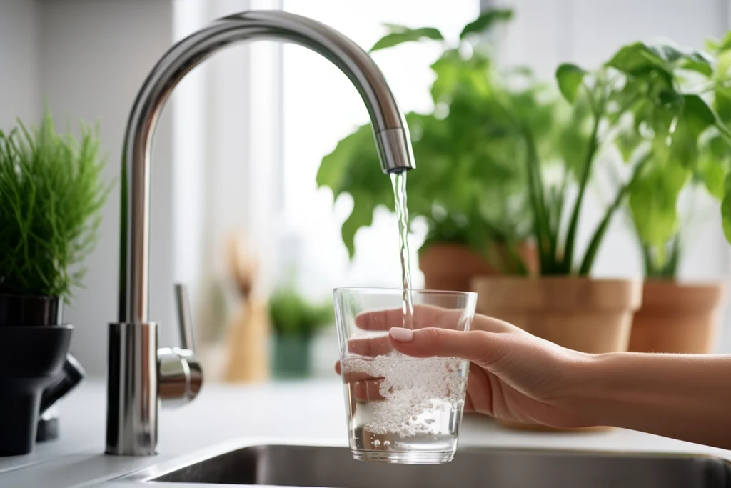 Hand holding a glass under a running kitchen faucet, the water white with tiny air bubbles