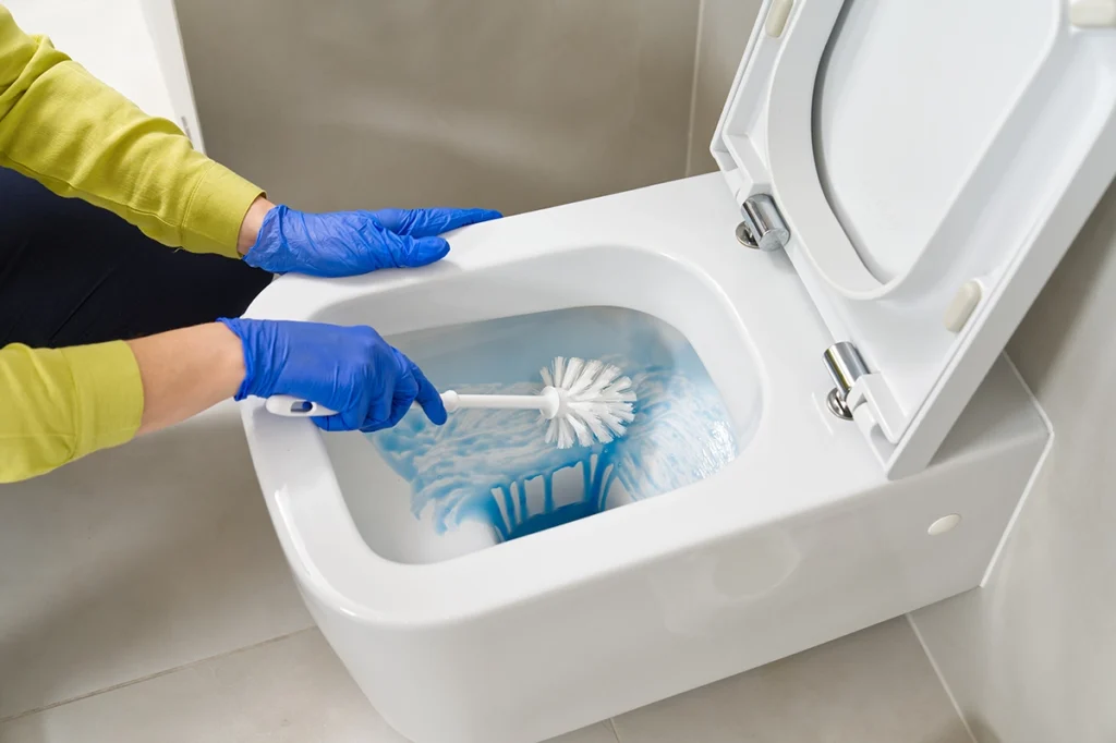 Hands in blue rubber gloves scrubbing a white toilet bowl with a brush and blue cleaner