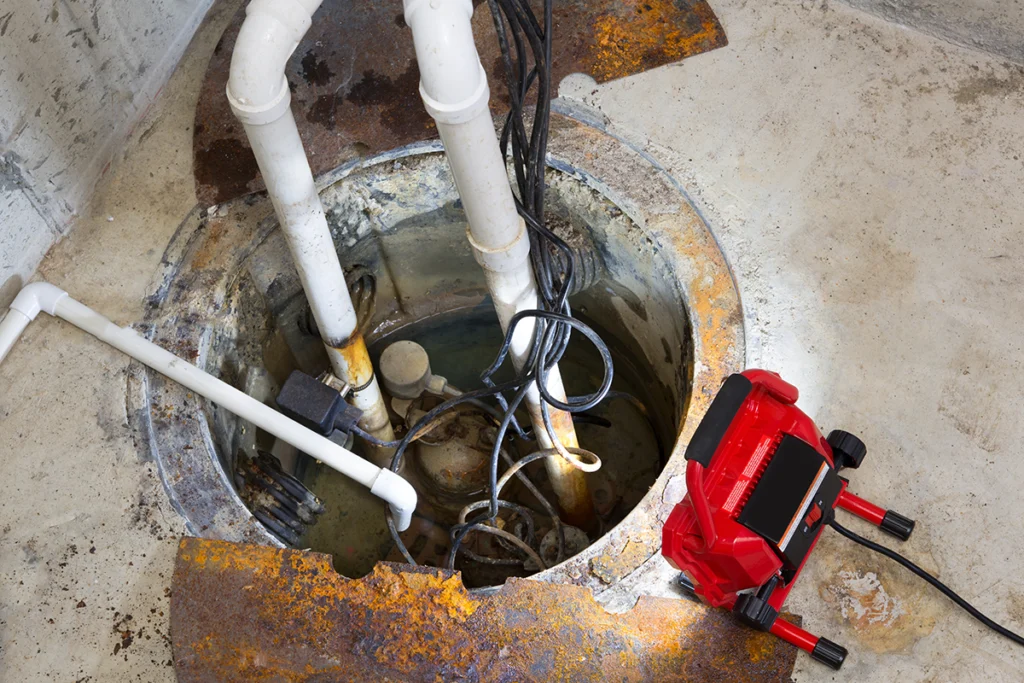 White PVC pipes rising from a basement sump pit beside a red work light