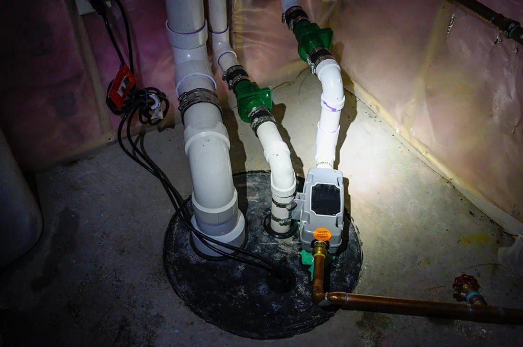 Basement sump pit with white PVC discharge pipes, green check valves and a gray pump controller