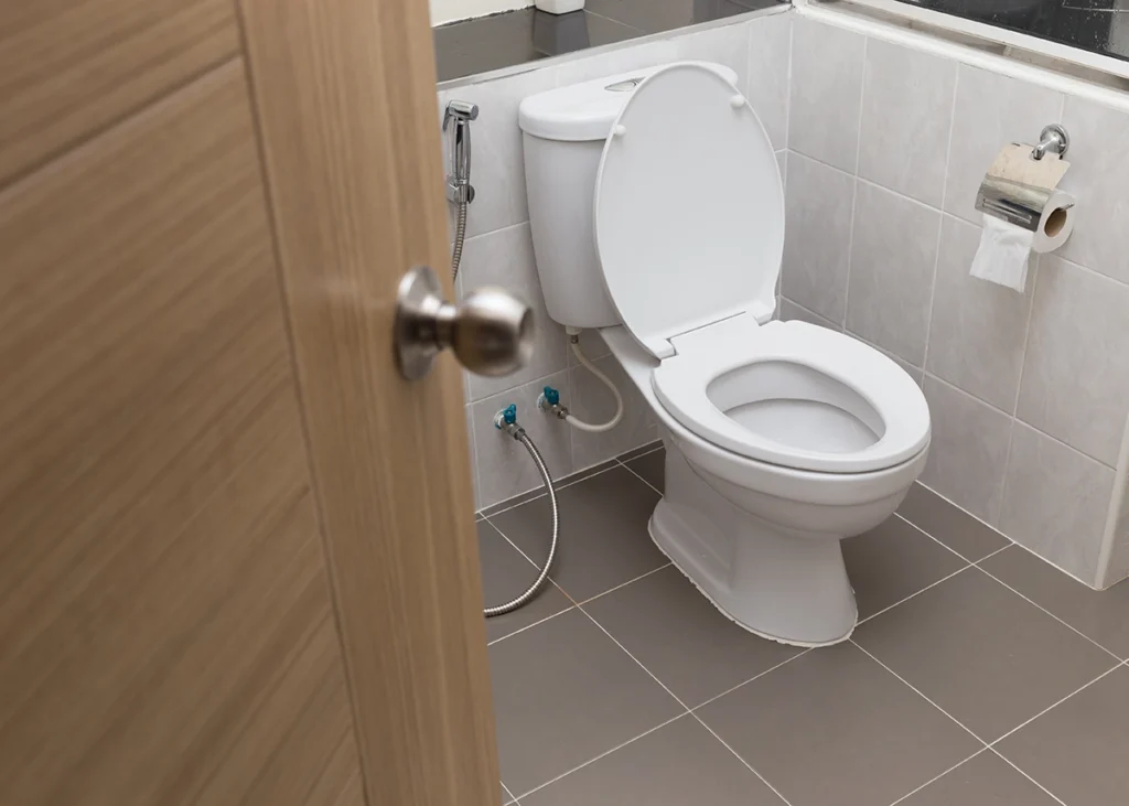 White toilet with the seat up in a tiled bathroom, seen through an open door