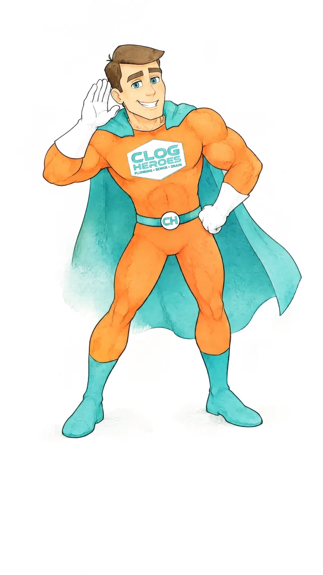 Jetter Joe, the Clog Heroes mascot, cupping a hand to his ear to listen