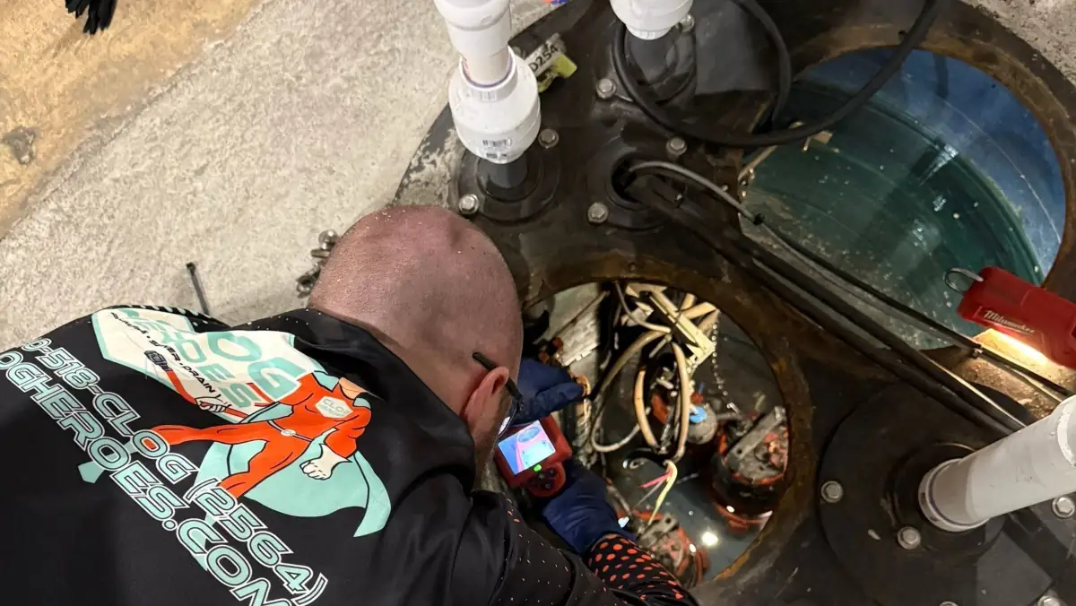 Technician in a Clog Heroes jersey working inside a grinder pump basin.